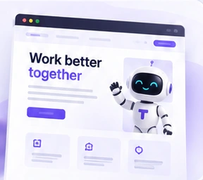 Illustration of a landing page in a browser window with the robot mascot
