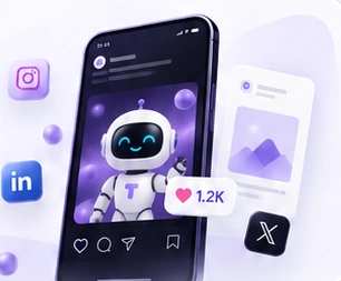 Illustration of a phone showing a social post with network icons