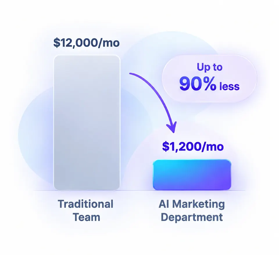 Traditional team vs AI marketing department, up to 90% less