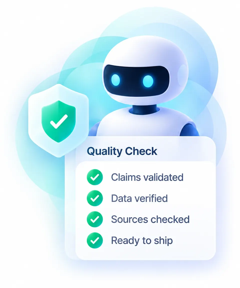 Quality check robot, claims validated, data verified, sources checked, ready to ship
