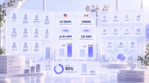 Bright dashboard collage comparing eleven human marketing roles with eleven AI specialist tiles, with US and Canadian salary benchmark cards and a ring chart reading up to 90% lower people cost.