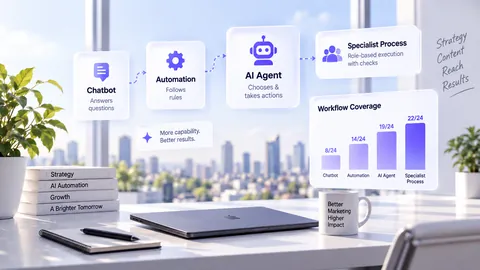 Modern desk with AI marketing workflow panels (Chatbot, Automation, AI Agent, and Specialist Process) plus a Workflow Coverage chart.
