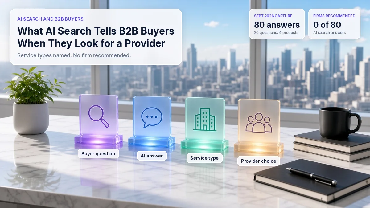 Sunlit desk with four frosted glass plaques on lit bases labeled Buyer question, AI answer, Service type and Provider choice, with a plant, a mug and notebooks, beside the title What AI Search Tells B2B Buyers When They Look for a Provider.