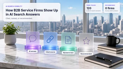 Sunlit desk with four frosted glass plaques on lit bases labeled AI answer, Cited source, Named in text and Recommended, the last one dimmed, with a plant, a mug and notebooks, beside the title How B2B Service Firms Show Up in AI Search Answers.