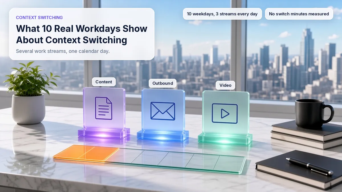 Sunlit desk with three frosted glass plaques on lit bases for content, outbound and video, set over a morning calendar bar, with a plant, a mug and notebooks, beside the title What 10 Real Workdays Show About Context Switching.