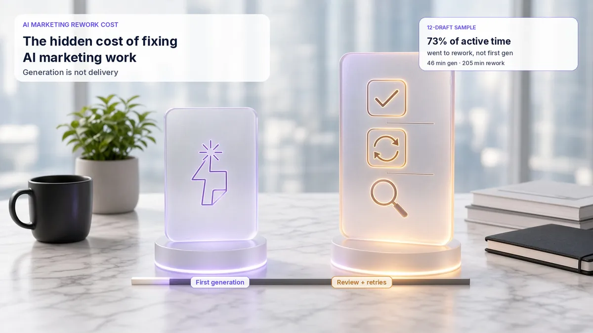 Desk scene with a short violet first-generation glass plaque beside a taller amber review-and-retries plaque, illustrating that most active time sits after the first AI draft.