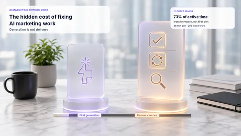Desk scene with a short violet first-generation glass plaque beside a taller amber review-and-retries plaque, illustrating that most active time sits after the first AI draft.