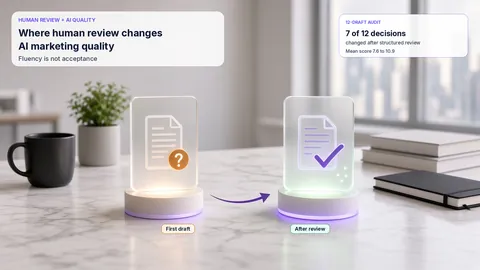 Desk scene with an amber question-marked draft plaque and a green reviewed plaque with a violet checkmark, showing structured human review turning a first AI draft into an accepted asset.