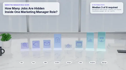 Desk scene with eight frosted glass plaques of varying height for SEO, paid, CRM, content, design, web, analytics, and management, showing how many marketing functions stack into one Marketing Manager posting.