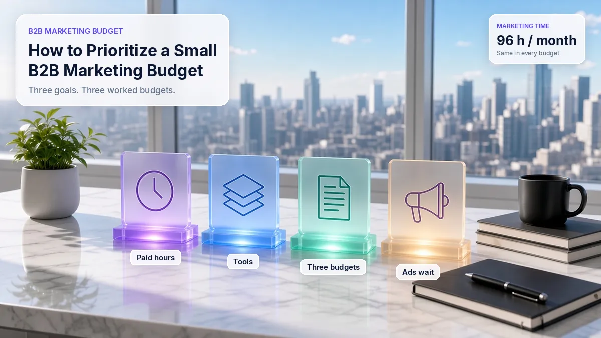 Sunlit desk with four frosted glass plaques on lit bases labeled Paid hours, Tools, Three budgets and Ads wait, with a plant, a mug and notebooks, beside the title How to Prioritize a Small B2B Marketing Budget.