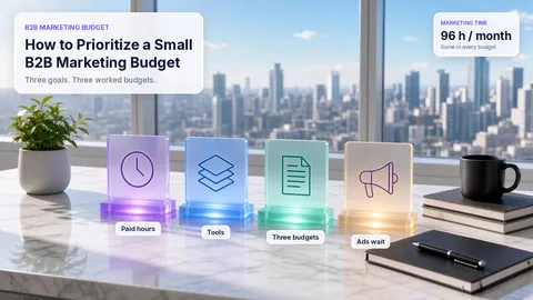 Sunlit desk with four frosted glass plaques on lit bases labeled Paid hours, Tools, Three budgets and Ads wait, with a plant, a mug and notebooks, beside the title How to Prioritize a Small B2B Marketing Budget.