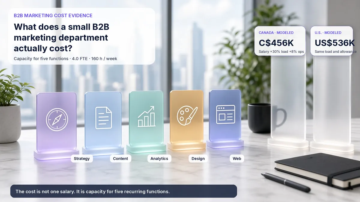Infographic of small B2B marketing department cost: five function panels (Strategy, Content, Analytics, Design, Web) with modeled Canada C$456K and U.S. US$536K budgets