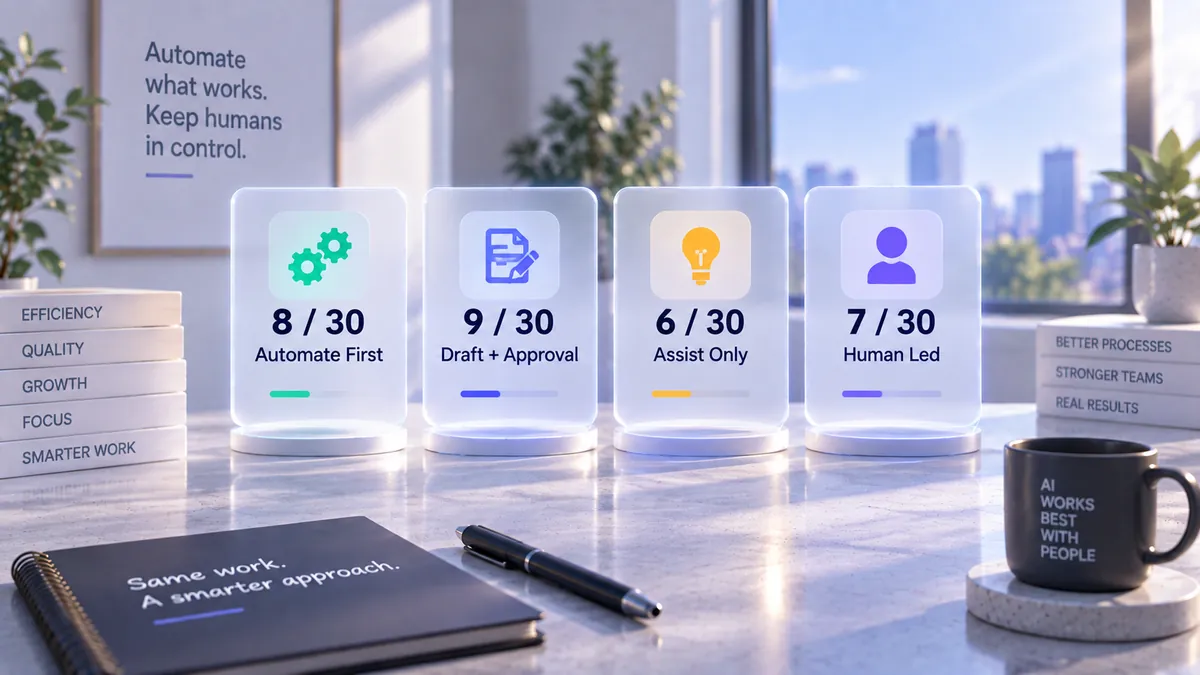 Sunlit office desk with four frosted glass cards on lit bases showing 8 of 30 Automate First, 9 of 30 Draft plus Approval, 6 of 30 Assist Only and 7 of 30 Human Led, beside a notebook and a mug.