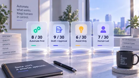 Sunlit office desk with four frosted glass cards on lit bases showing 8 of 30 Automate First, 9 of 30 Draft plus Approval, 6 of 30 Assist Only and 7 of 30 Human Led, beside a notebook and a mug.
