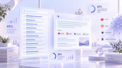Bright interface collage of a ranked search results list beside an AI answer panel citing YouTube, Reddit, universities and research sources, with stat cards reading 45%, 51% and 38%.